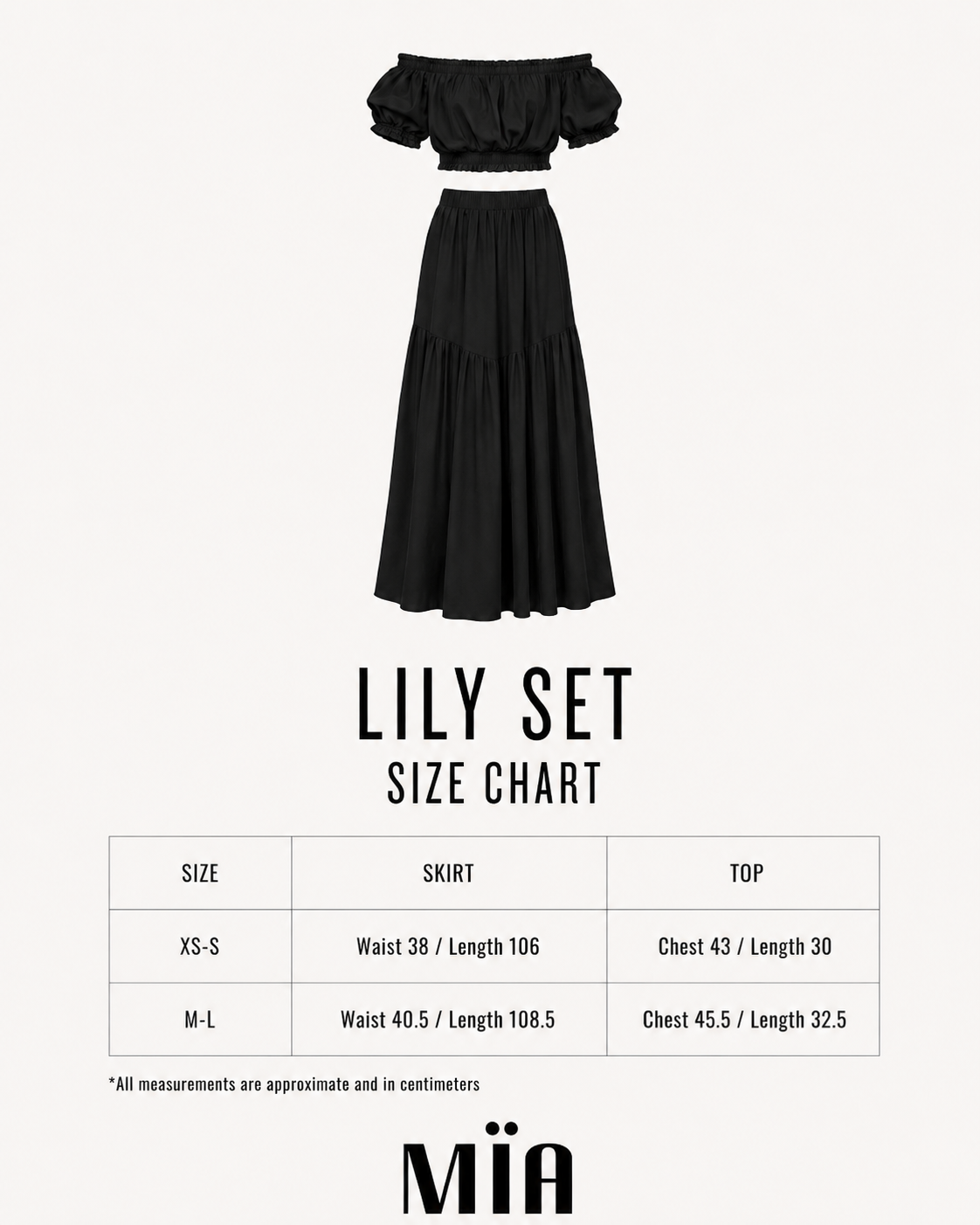 Black outfit with size chart and MIA branding on a white background